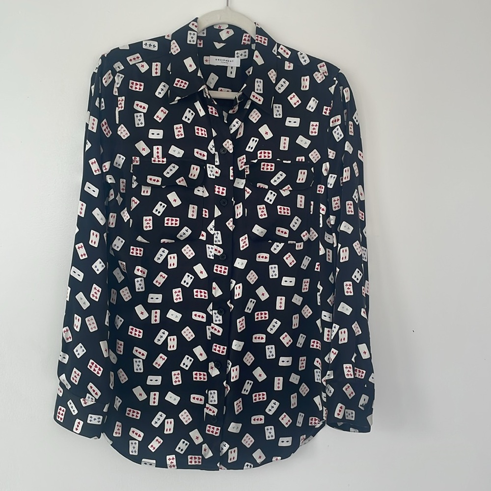 EQUIPMENT Annelie Card-Print Button-Down Satin Top, size S, New with tags!